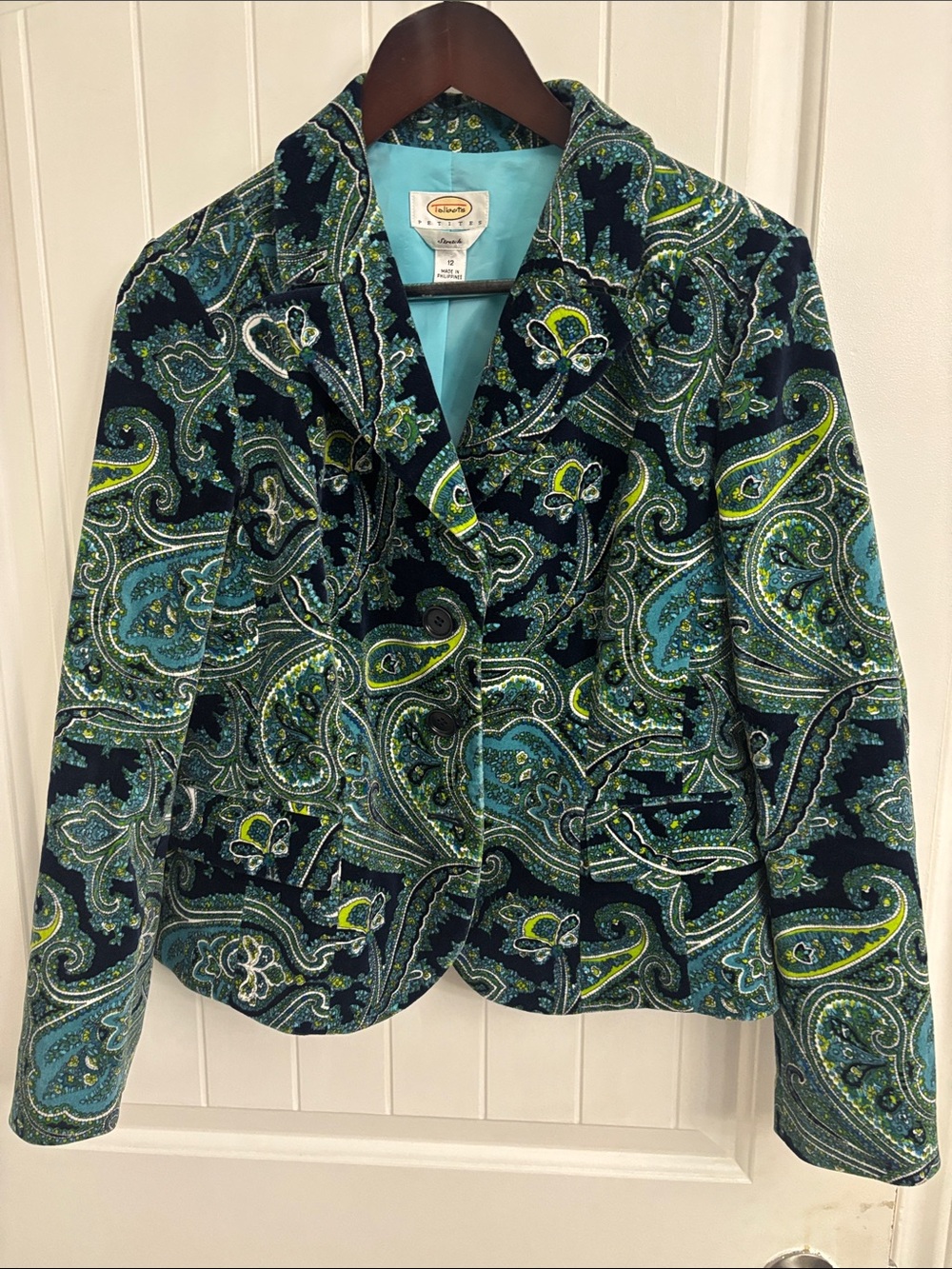 TALBOTS Teal & Lime Paisley Velvet Blazer